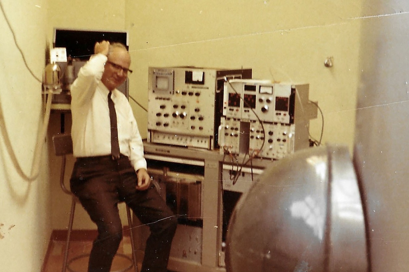 Dr. Victor Ryan in the small control room of the tiny nuclear reactor he brought to the University of Wyoming and was kept in the basement of the old engineering building.