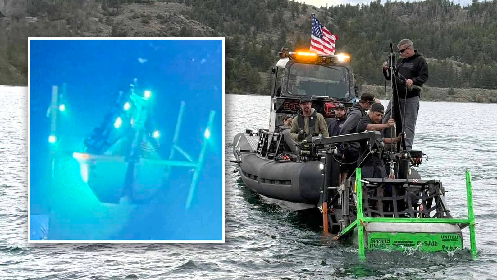 Search teams battled harsh conditions Saturday, Aug. 29, 2026, and used a specially designed "claw" like device designed and fabricated by Bill Dohse and Dave Sparks to raise a 55-gallon barrel off the bottom of Fremont Lake.