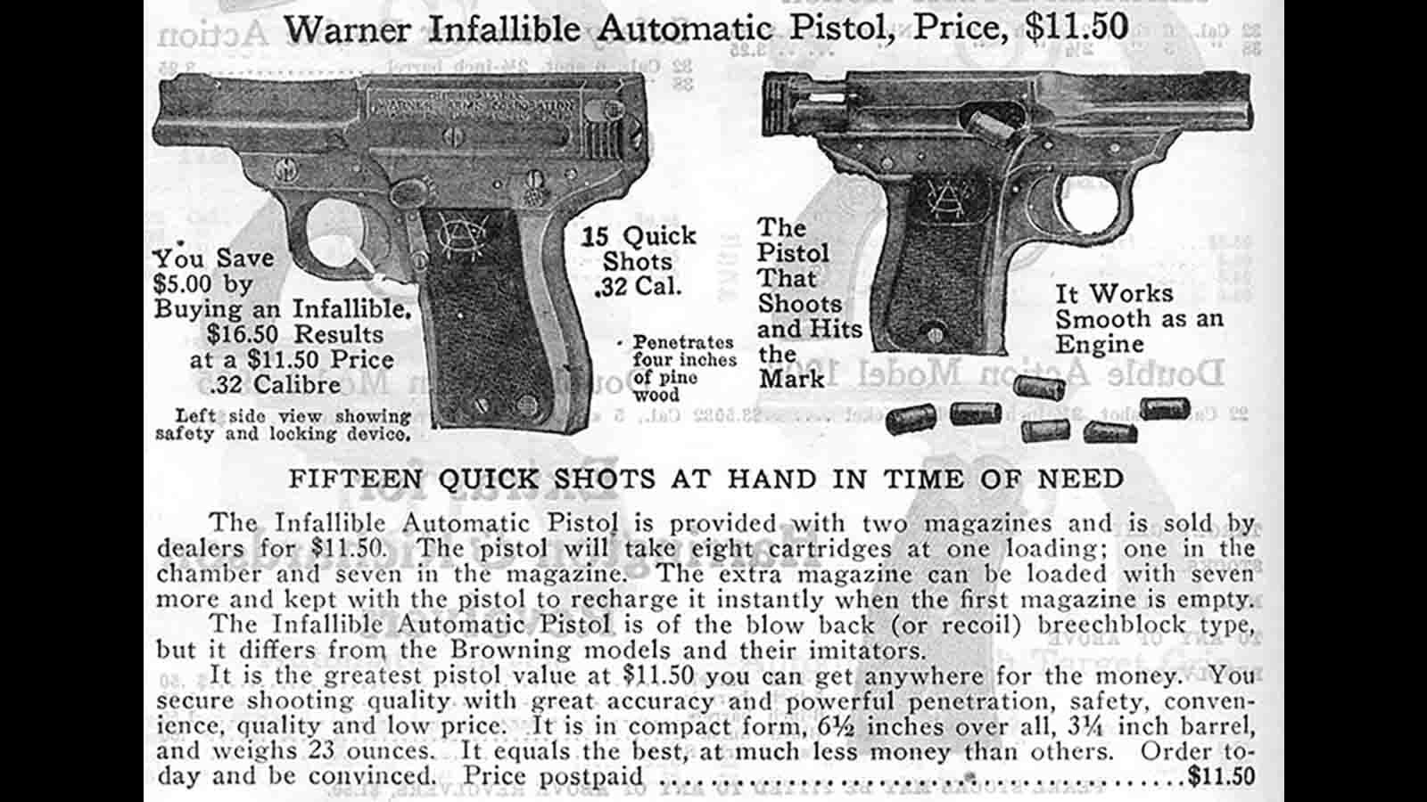A vintage advertisement in the 1918 Kirtland Bros. catalogue for the Warner Infallible automatic pistol. At the time, it cost $11.50.