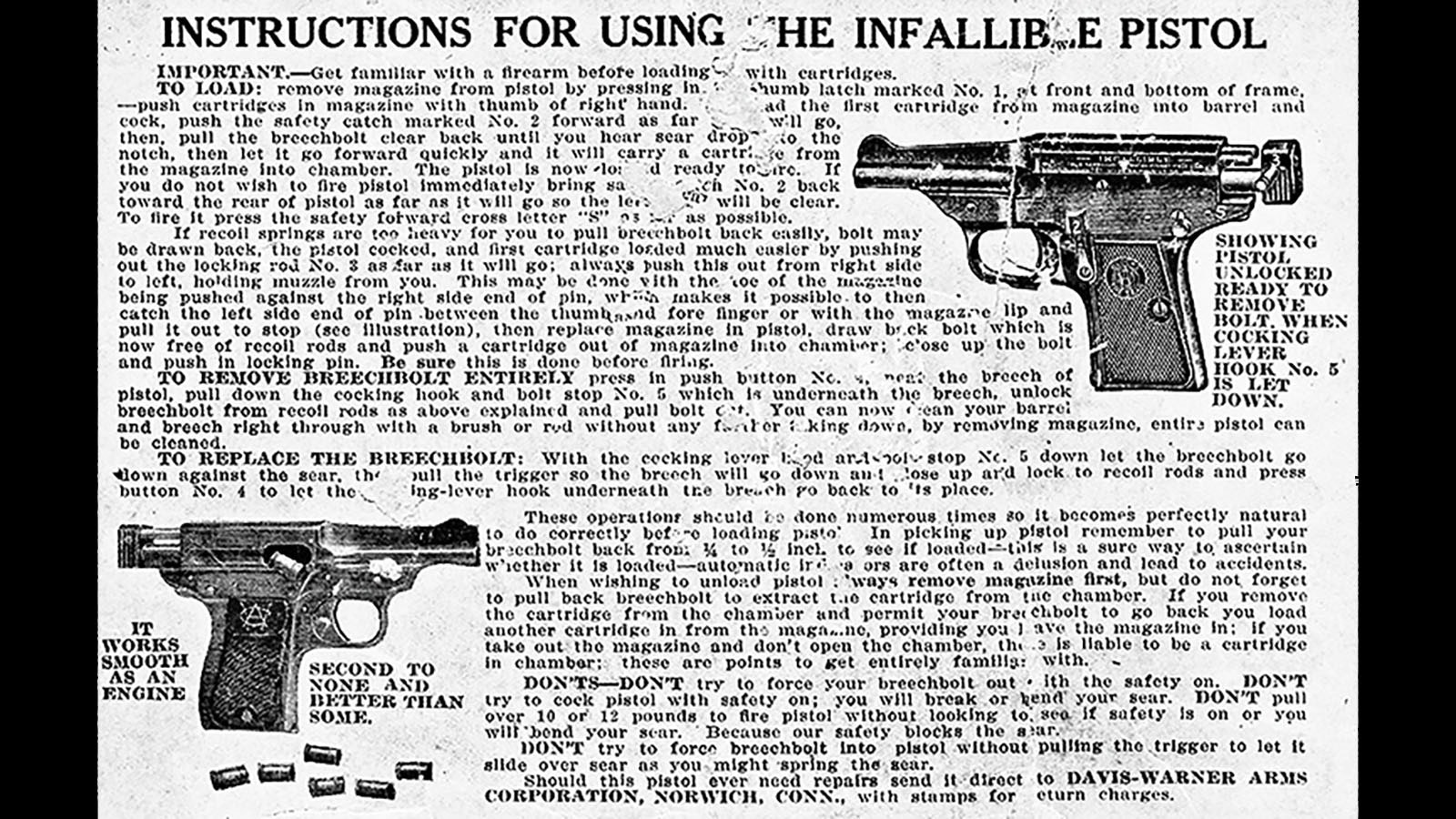 Vintage instructions for using the Warner Infallible pistol.