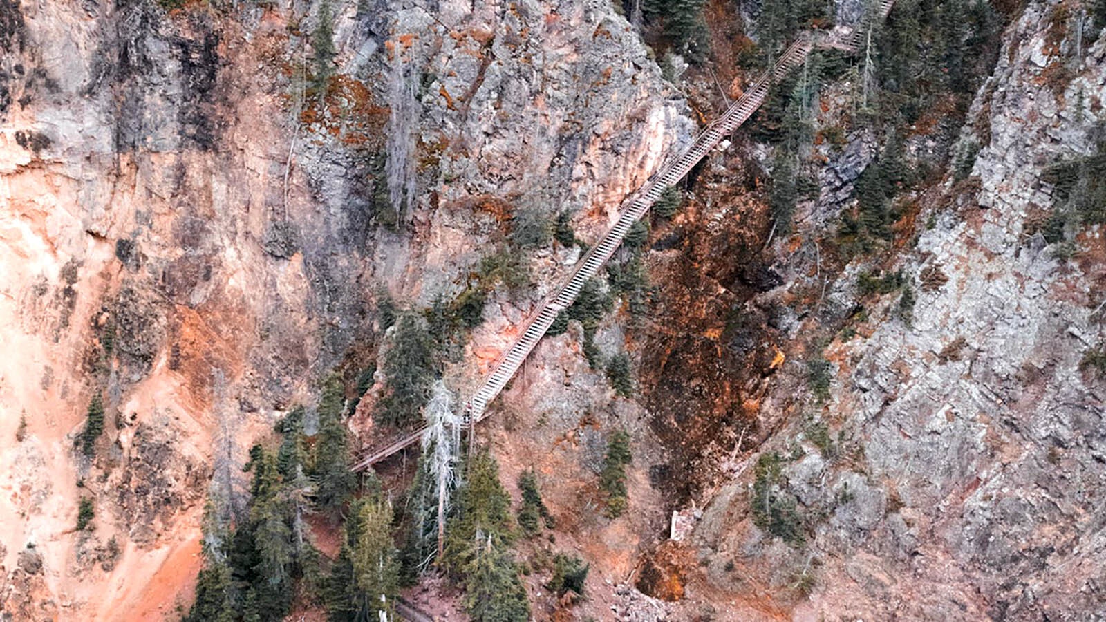 Uncle Tom's Trail hangs precariously off the cliff face descending into the Grand Canyon of the Yellowstone. It's now unsafe and closed, but still turns heads.