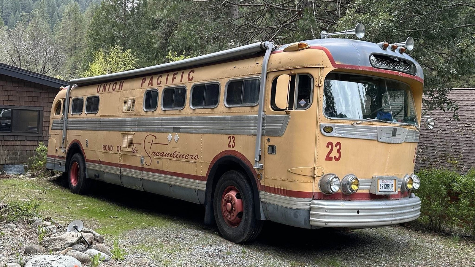 No. 23 is one of only two 1949 GMC Union Pacific passenger buses known to exist. It still has its original paint, logos and accessories, like the horns on the roof.