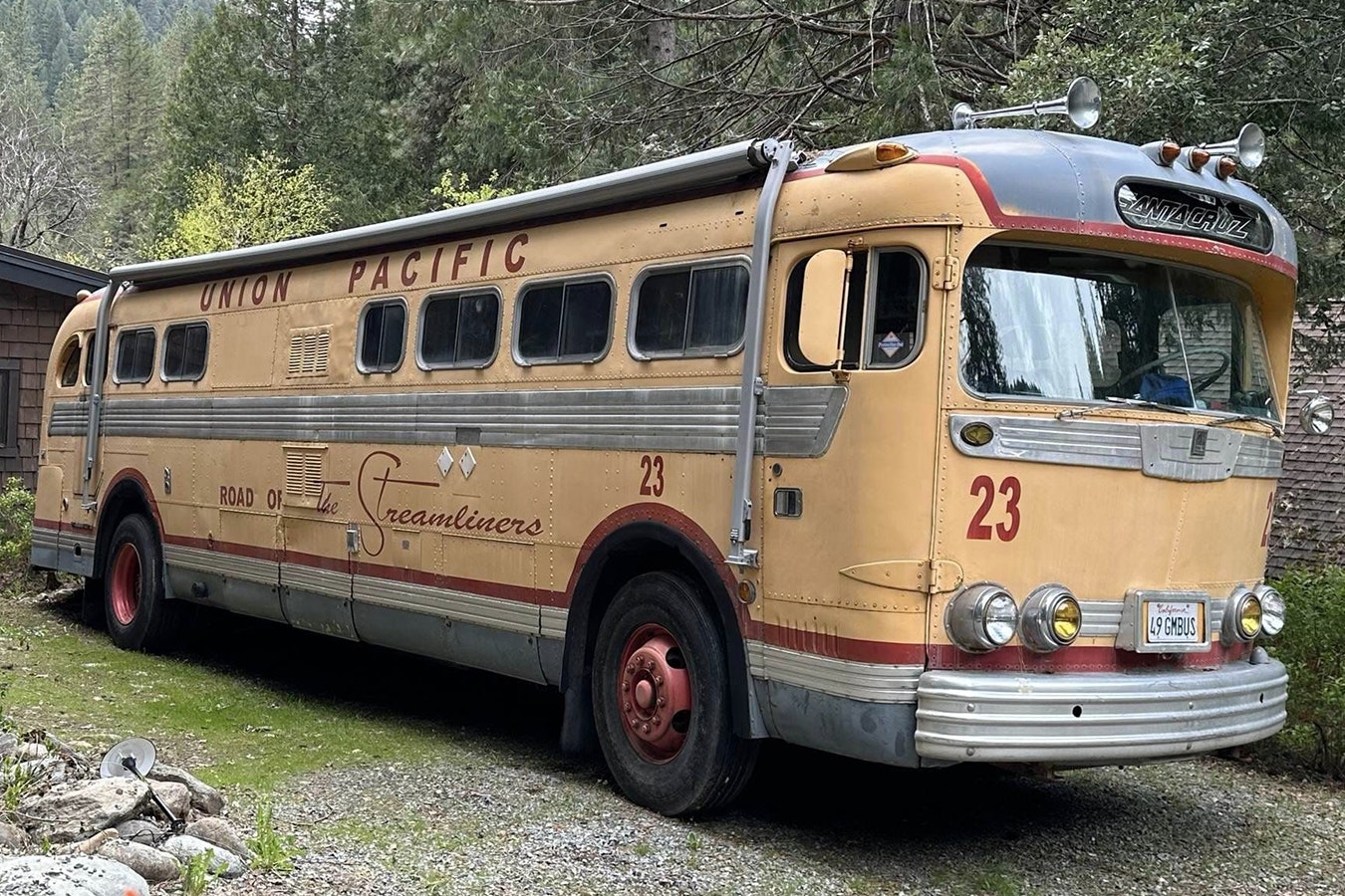 No. 23 is one of only two 1949 GMC Union Pacific passenger buses known to exist. It still has its original paint, logos and accessories, like the horns on the roof.