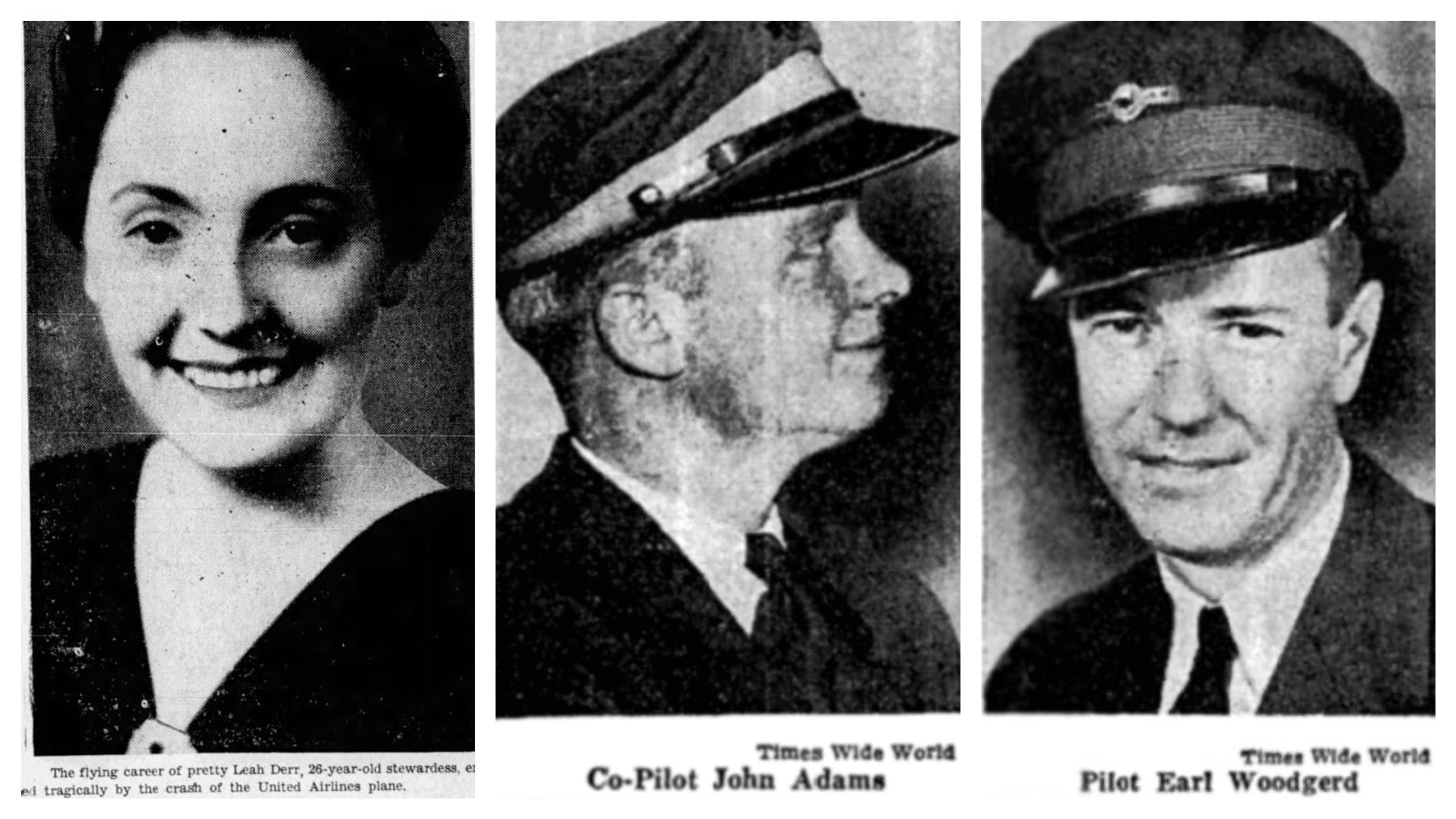 Left, the stewardess on the plane in a photo published in the Newcastle Newsletter Journal on Oct. 21, 1937. Center, co-pilot John Adams. Right, Earl Woodgerd, the captain on the airliner.