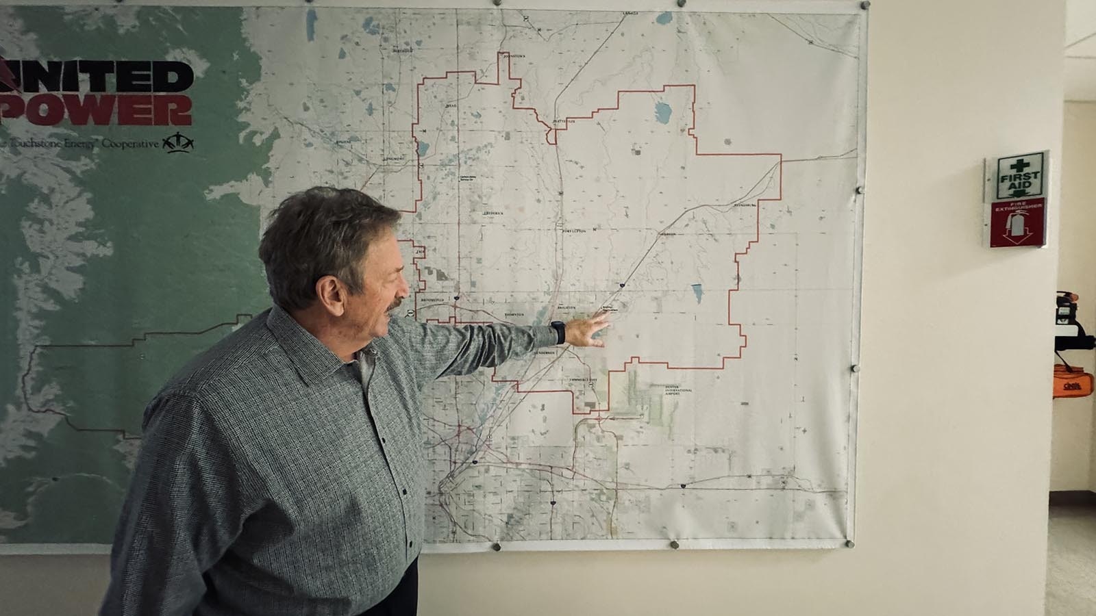 Mark Gabriel, president and CEO of Brighton, Colorado-based United Power Inc., led the breakaway of his rural electricity cooperative from Tri-State Generation and Transmission Association in May. Above, Gabriel points to an area on a map of his service territory.