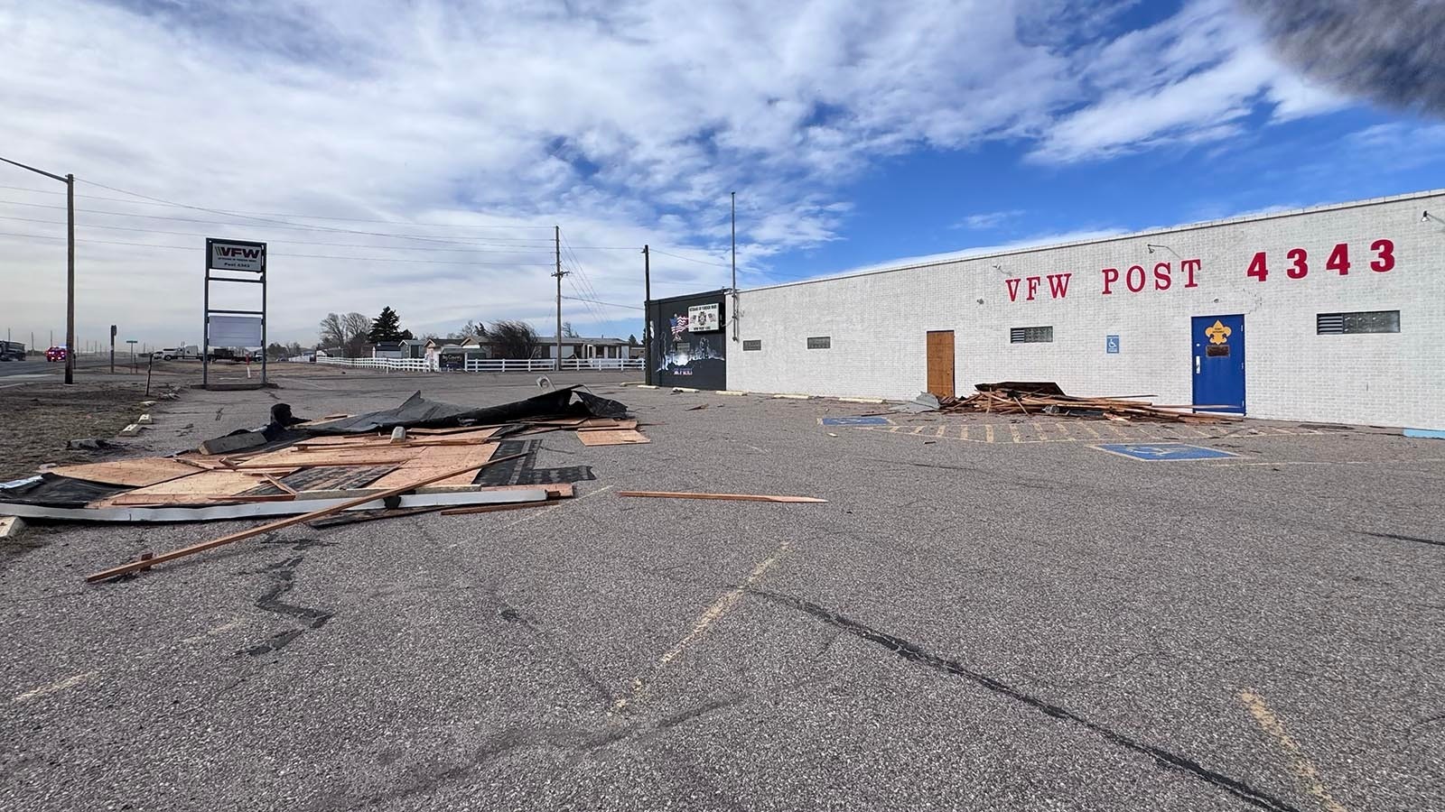 Thursday's strong winds ripped the roof off VFW Post 4343 along Highway 85 south of Cheyenne.