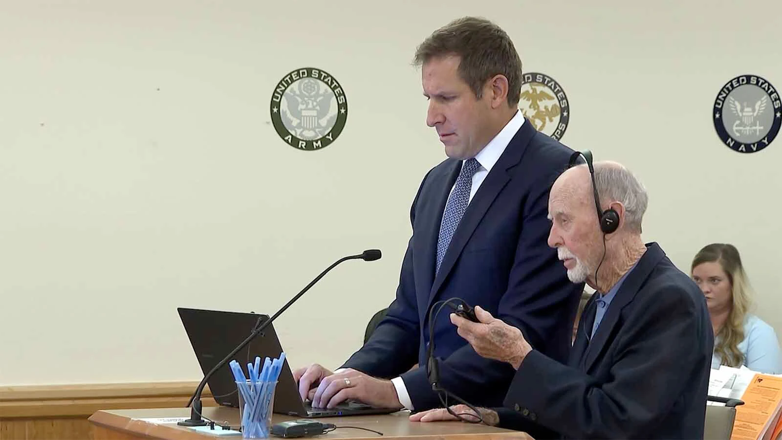 Van Lesmaster, right, appears in a Fort Collins courtroom on Thursday, Oct. 22, 2026, with his Laramie-based defense attorney, Devon Petersen.