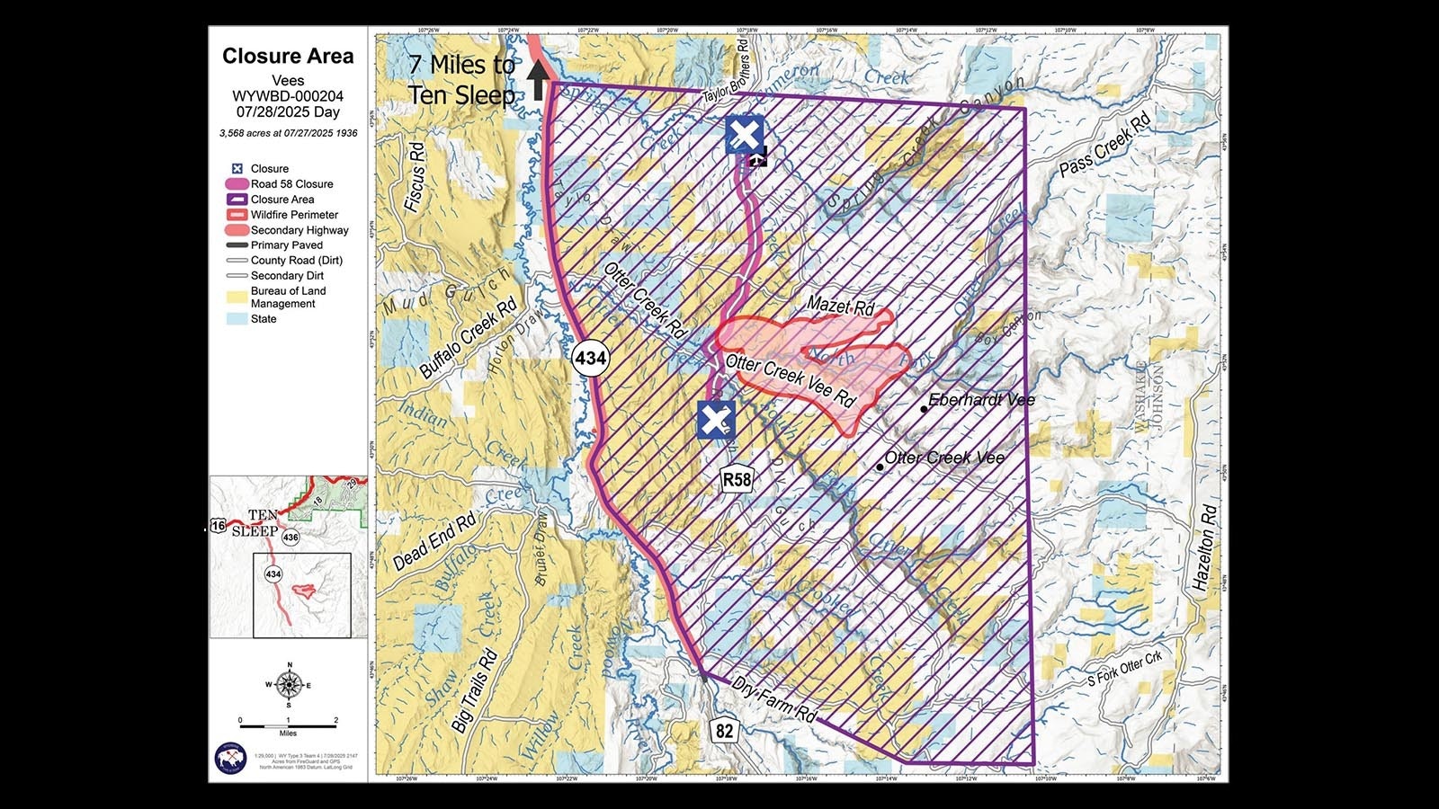 The Vees Fire burning in steep, rugged terrain about 13 miles southeast of Ten Sleep, Wyoming. It's also prompted a closure of surrounding BLM roads, trails and lands.