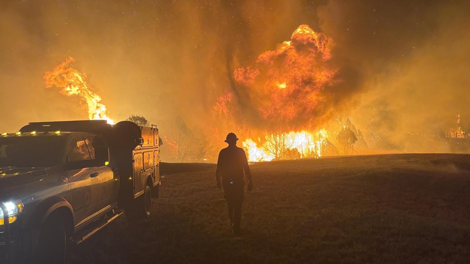 The Vees Fire burning in steep, rugged terrain about 13 miles southeast of Ten Sleep, Wyoming.