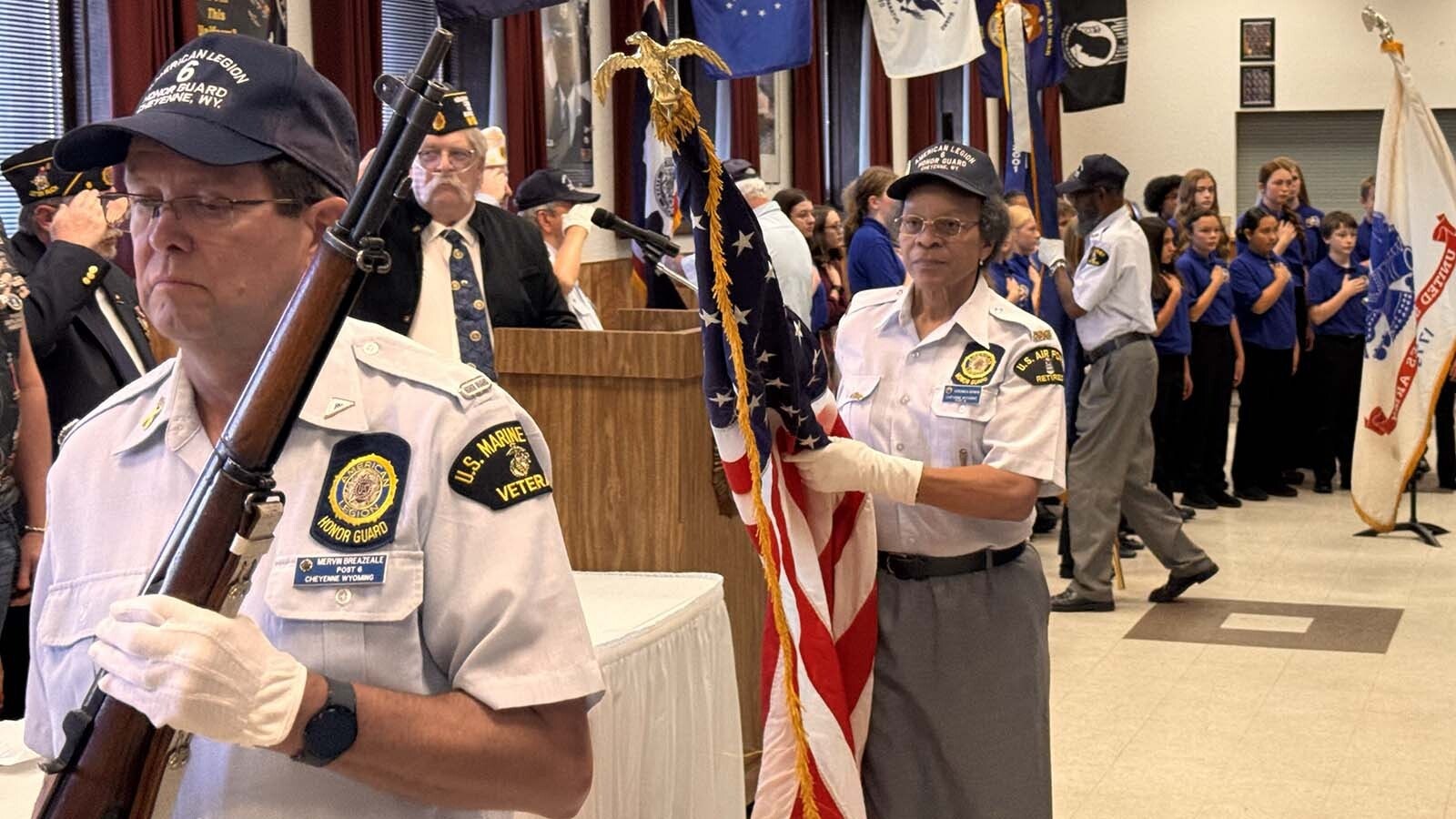 The American flag is presented at Tuesday's Veterans Day ceremony at American Legion Post 6 in Cheyenne.