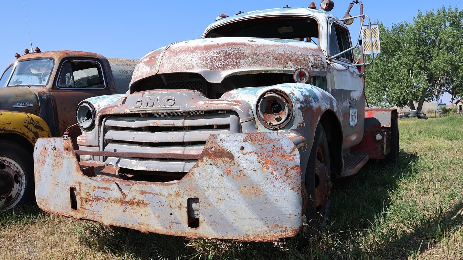 A tow truck that towed many a wreck around Hulett, Wyoming sits in a central Wyoming location awaiting restoration.