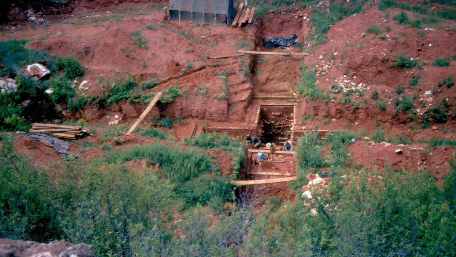 Excavations at the Vore Buffalo Jump during the 1970s. The archaeological site was discovered in 1969 when WYDOT was drilling exploratory holes in the sinkhole to determine the foundation stability for the yet-to-be-built I-90, which was rerouted after the site was discovered. 