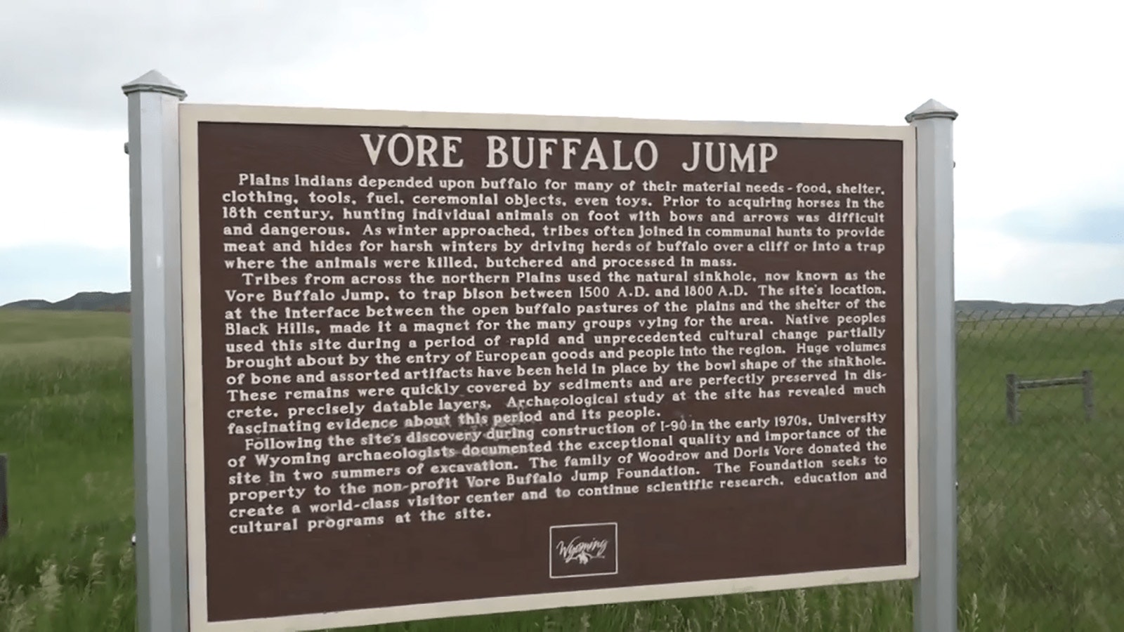 A sign at the Vore Buffalo Jump tells visitors about the significance of the site.