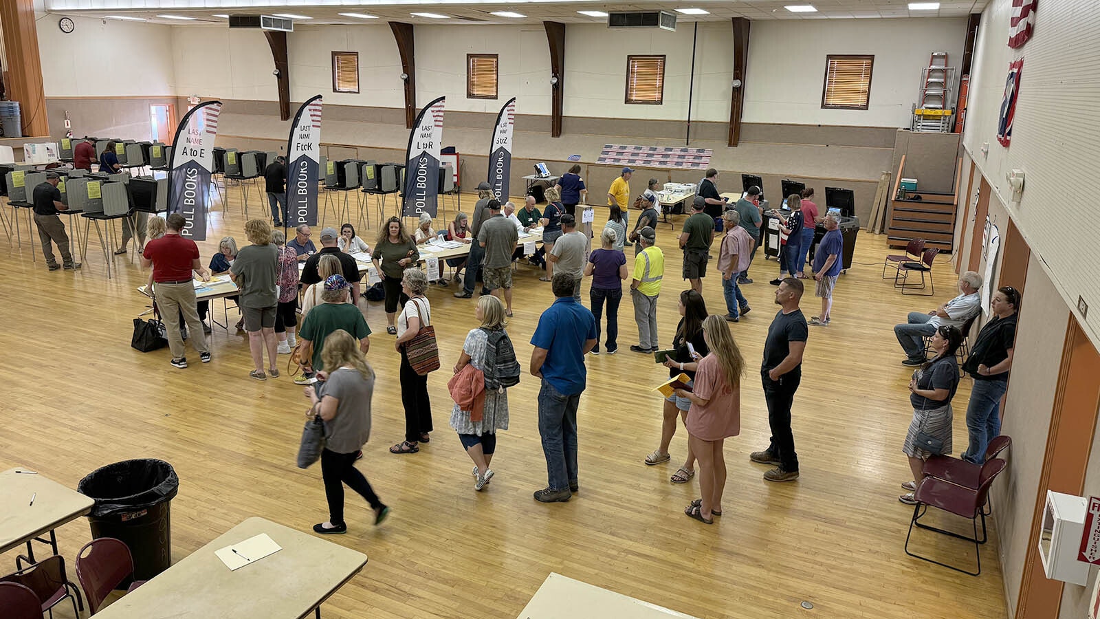 Park County voters line up to cast their ballots at the Cody Rec Center for the Aug. 20, 2024, Wyoming primary election.