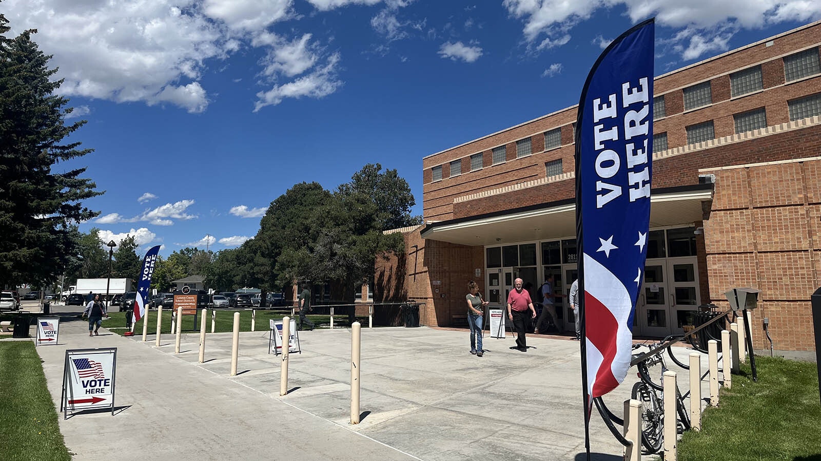 Voters leave Storey Gym in Cheyenne after casting their votes on Tuesday.