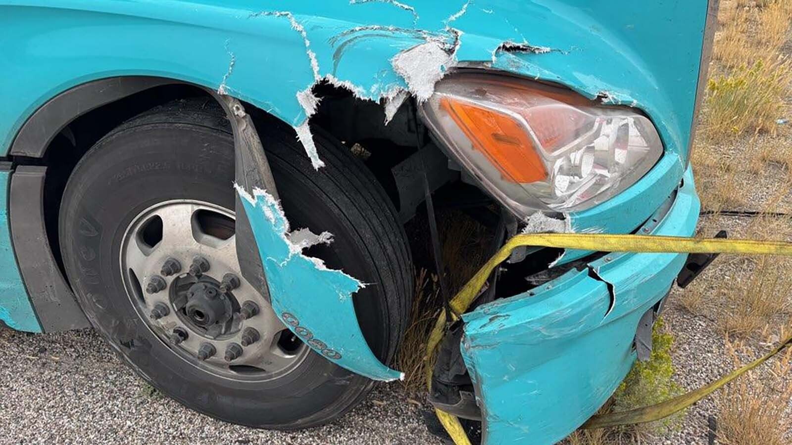 The front of a semitrailer that hit a Wyoming Highway Patrol vehicle Tuesday, Aug. 26, 2025.