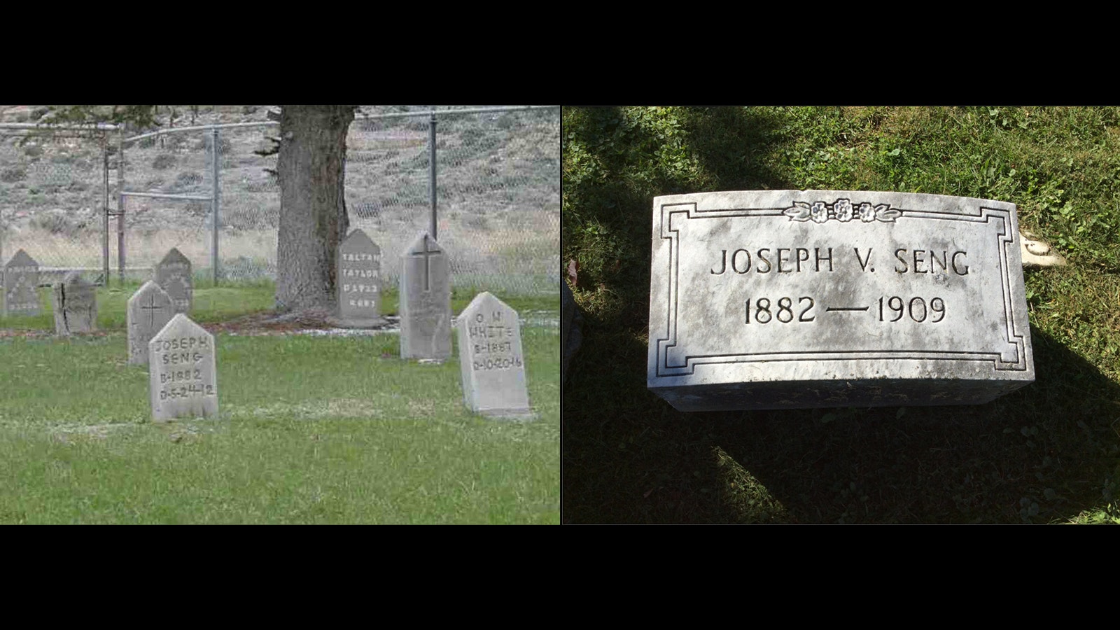 Joseph Seng's headstone at the Wyoming State Prison in Rawlins, left. Another appears in Seng's hometown of Allentown, Pennsylvania with an incorrect date of death.