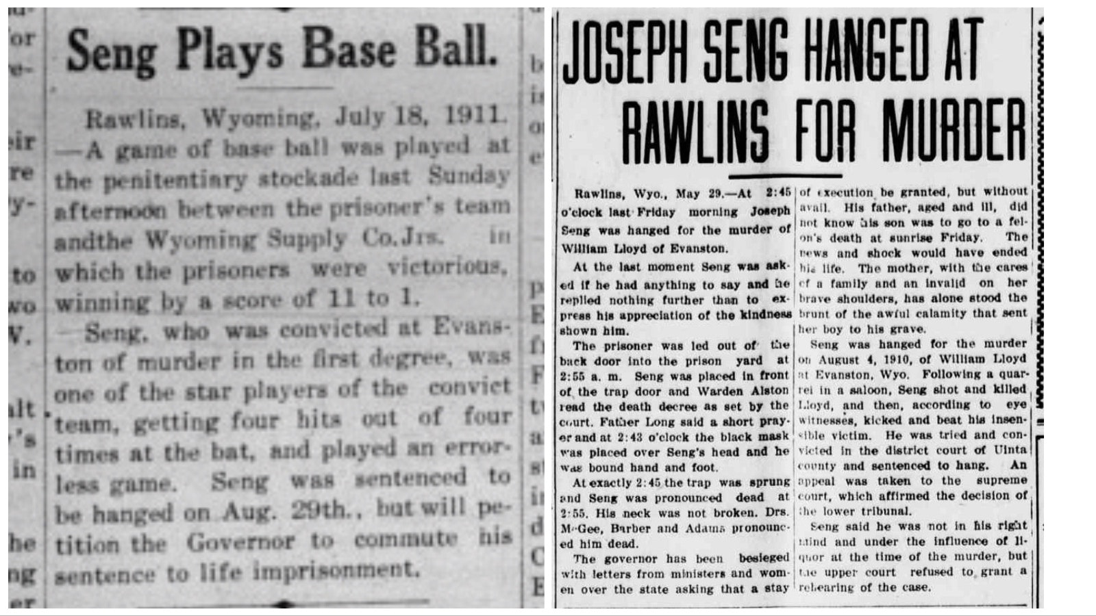A pair of newspaper clippings on Joseph Seng, the star player on the short-lived 1911 Wyoming State Penitentiary All-Stars. The second clipping is from the May 29, 1912, Park County Enterprise.