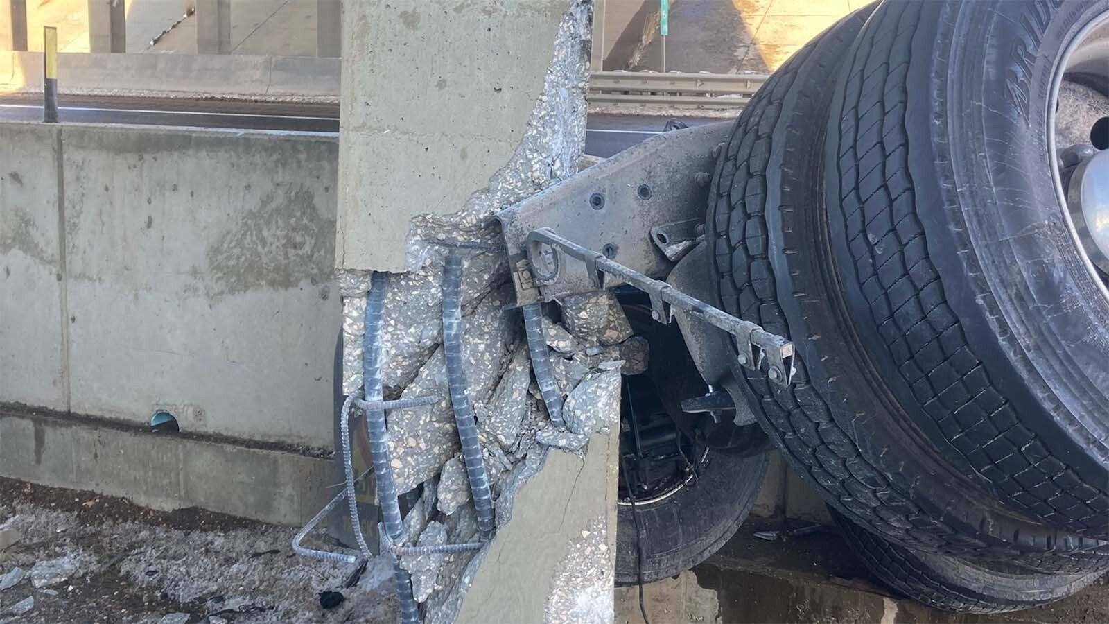 A semitrailer hit and damaged a concrete support on this Interstate 90 overpass in this 2022 file photo.