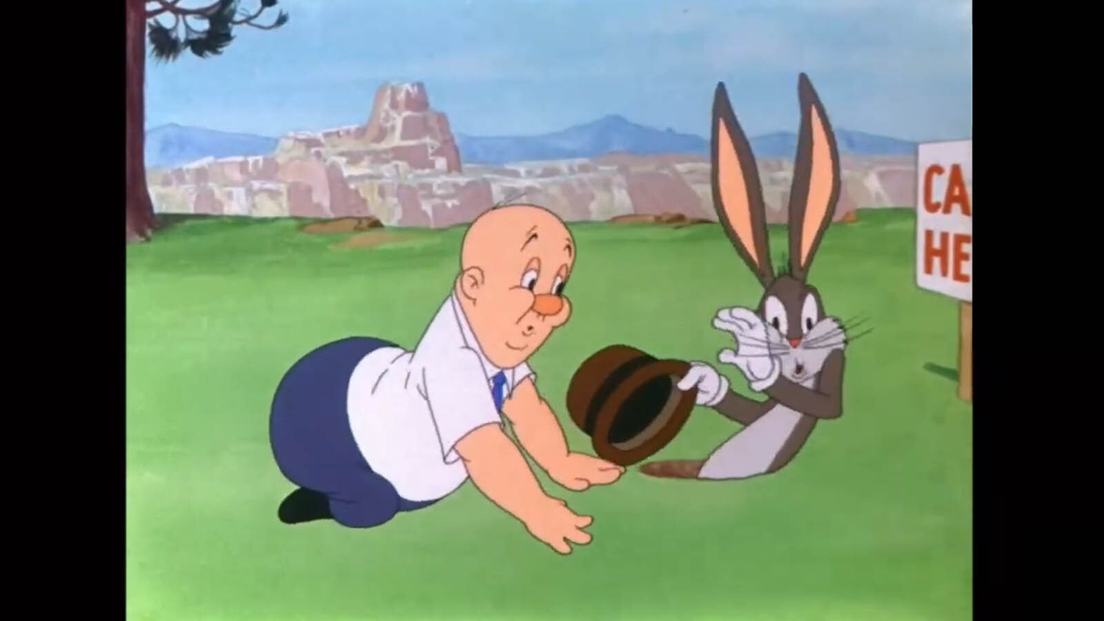 Buggs Bunny torments Elmer Fudd as he tries to camp in a cartoon version of Yellowstone National Park.