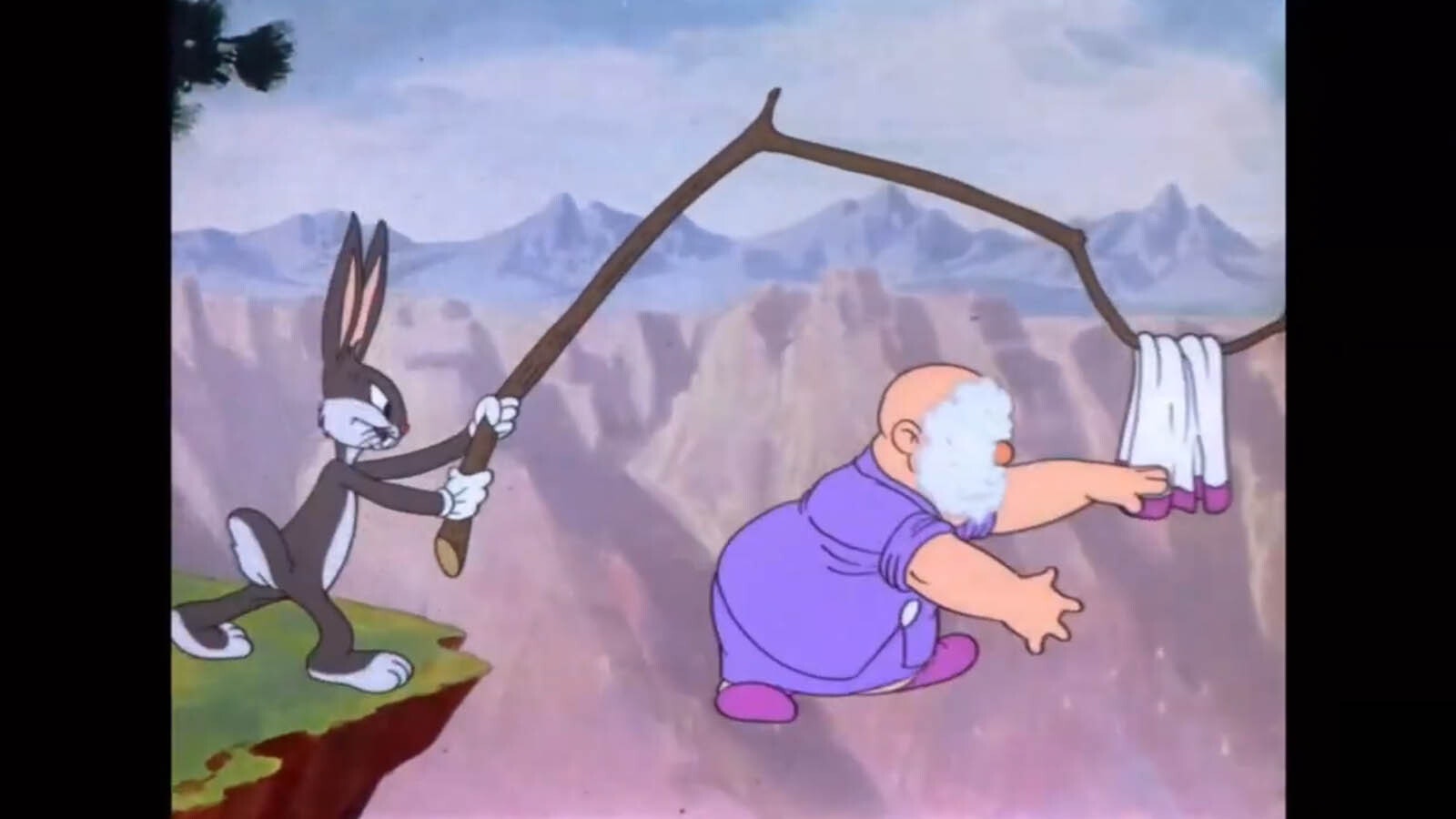 Buggs Bunny torments Elmer Fudd as he tries to camp in a cartoon version of Yellowstone National Park.