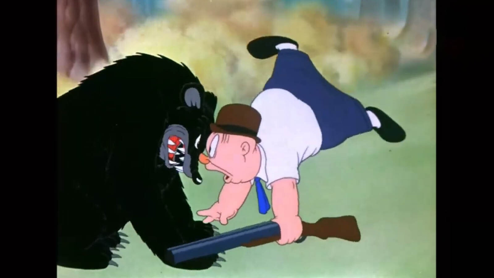 Elmer Fudd is condronted by a bear in the 1941 classic cartoon set in Yellowstone, "Wabbit Twouble."