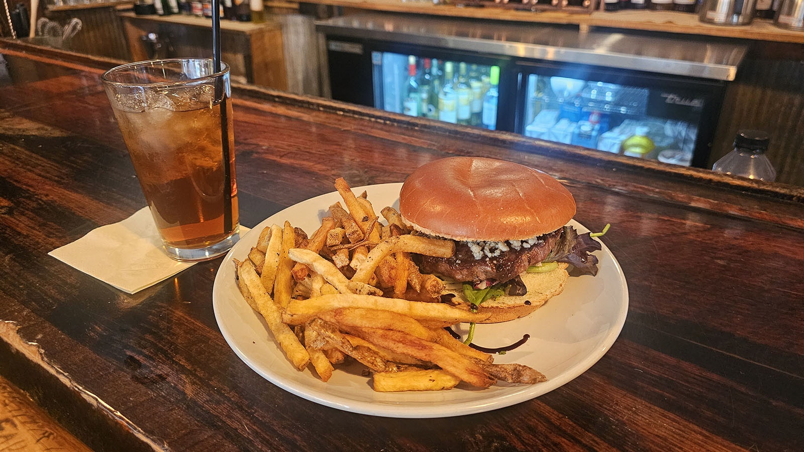 The wagyu hamburger at the Wagon box with hand-cut fries is delicious.