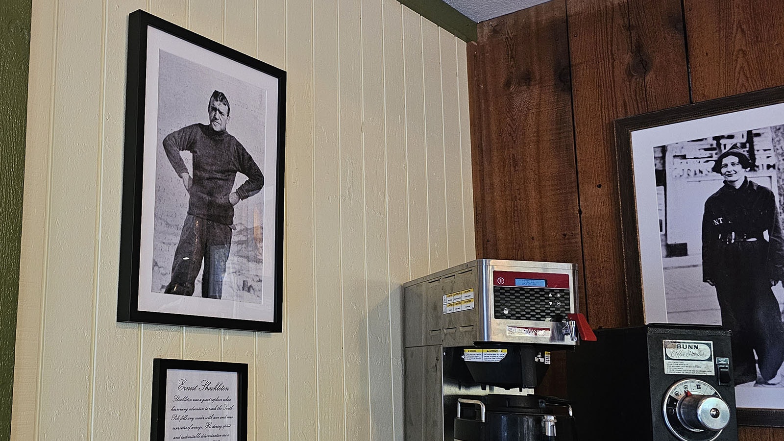 A poster of Shackleton on the wall at the Wagon Box Restaurant in Story. The restaurant had been offering a winter discount of 1% per degree below zero, up to 20% off, for those who came to the restaurant during the winter.