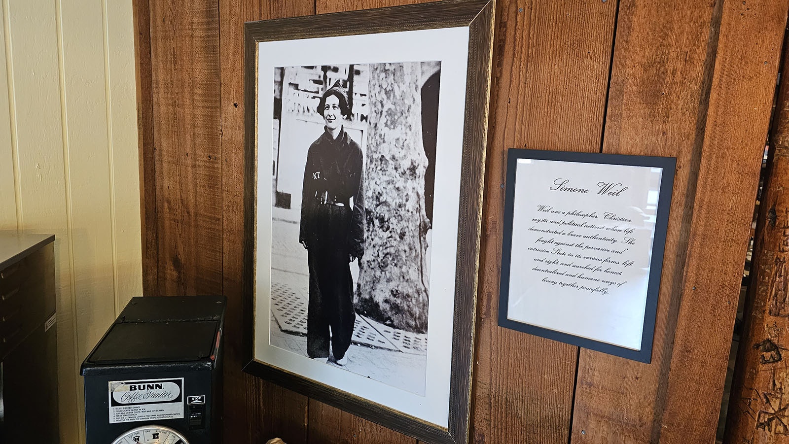 Posters of various famous authors hang on the walls art the historic Wagon Box Restaurant in Story.