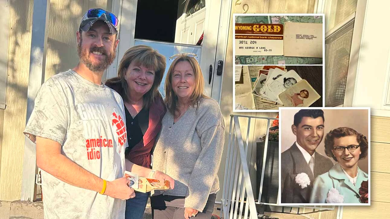 J.R. Larsen, left, returns George Long’s long-lost wallet and family keepsakes to his daughters in Cheyenne.