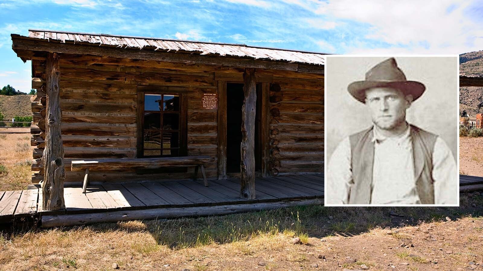 Walter Punteney was a respected cowboy working for the Embar Ranch in Hot Springs County, Wyoming. After his former boss and friend, Jay Torrey, accused him of stealing cattle, Punteney fled to the Hole in the Wall Gang and became a lookout for the Wild Bunch known as Wat the Watcher. He is known to have rustled cattle and robbed at least one bank in Belle Fourche, South Dakota, although lawyers helped get the charges against him lifted. Here he's shown with the Hole in the Wall Gang cabin.