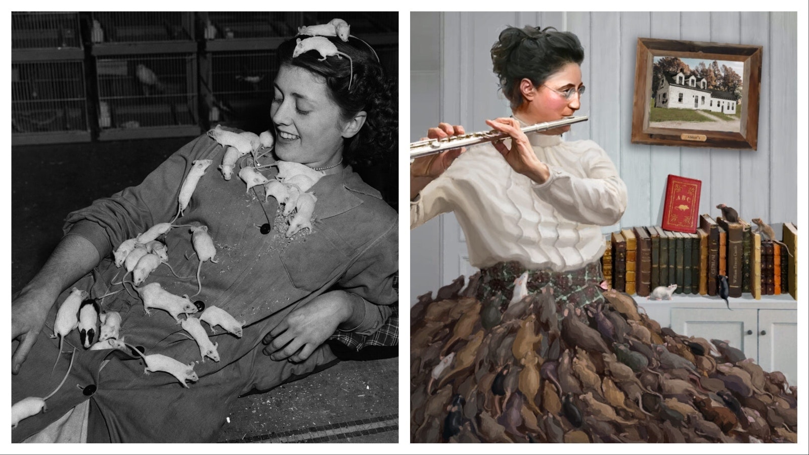 Left: Japanese waltzing mice crawl all over 18-year-old Pat Palmer, who worked at a pet shop in the 1950s. Right: A portrait of Abbie Lathrop by Jesus Romero.