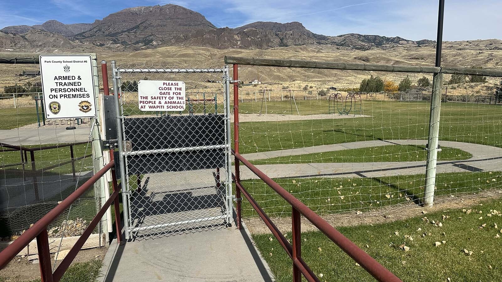 A bear-resistant fence around the Wapiti Elementary School west of Cody keeps bears from climbing into the schoolyard.