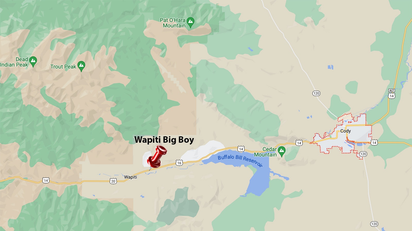 The approximate location of where to look for a glimpse of the Wapiti Big Boy west of Cody along U.S. Highway 14/16/20.