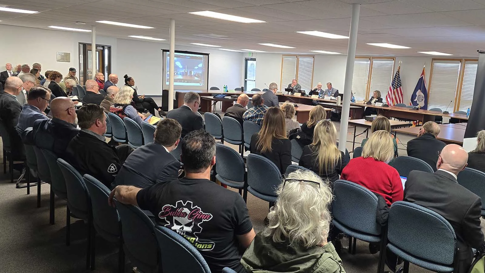 A crowd filled the Select Water Committee's public hearing on data centers and water use Thursday, May 7, 2026, in Cheyenne.