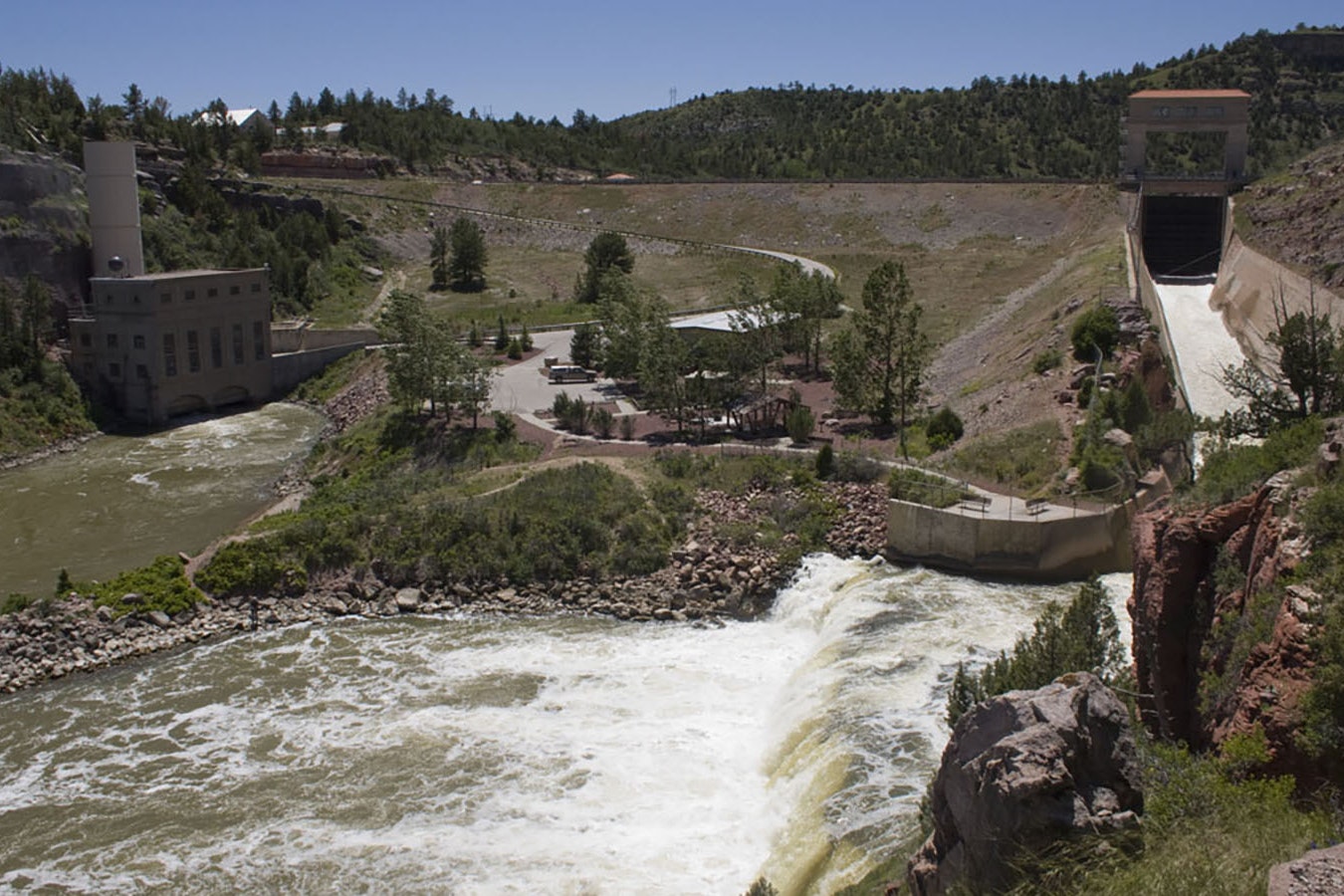An overview of the Guernsey Dam, which feeds agriculture and ranching operations downriver.