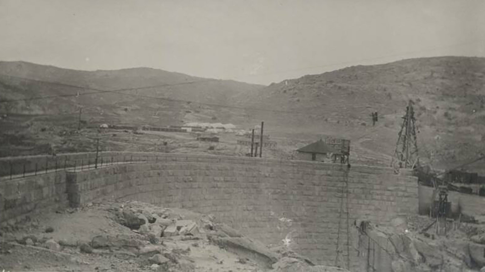 Construction of the Pathfinder Dam on the North Platte River southwest of Casper. It was completed in 1909.