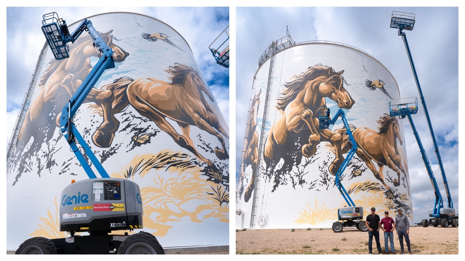 A tall boom lift carries paint crews and artists working on Cheyenne's water tower mural.