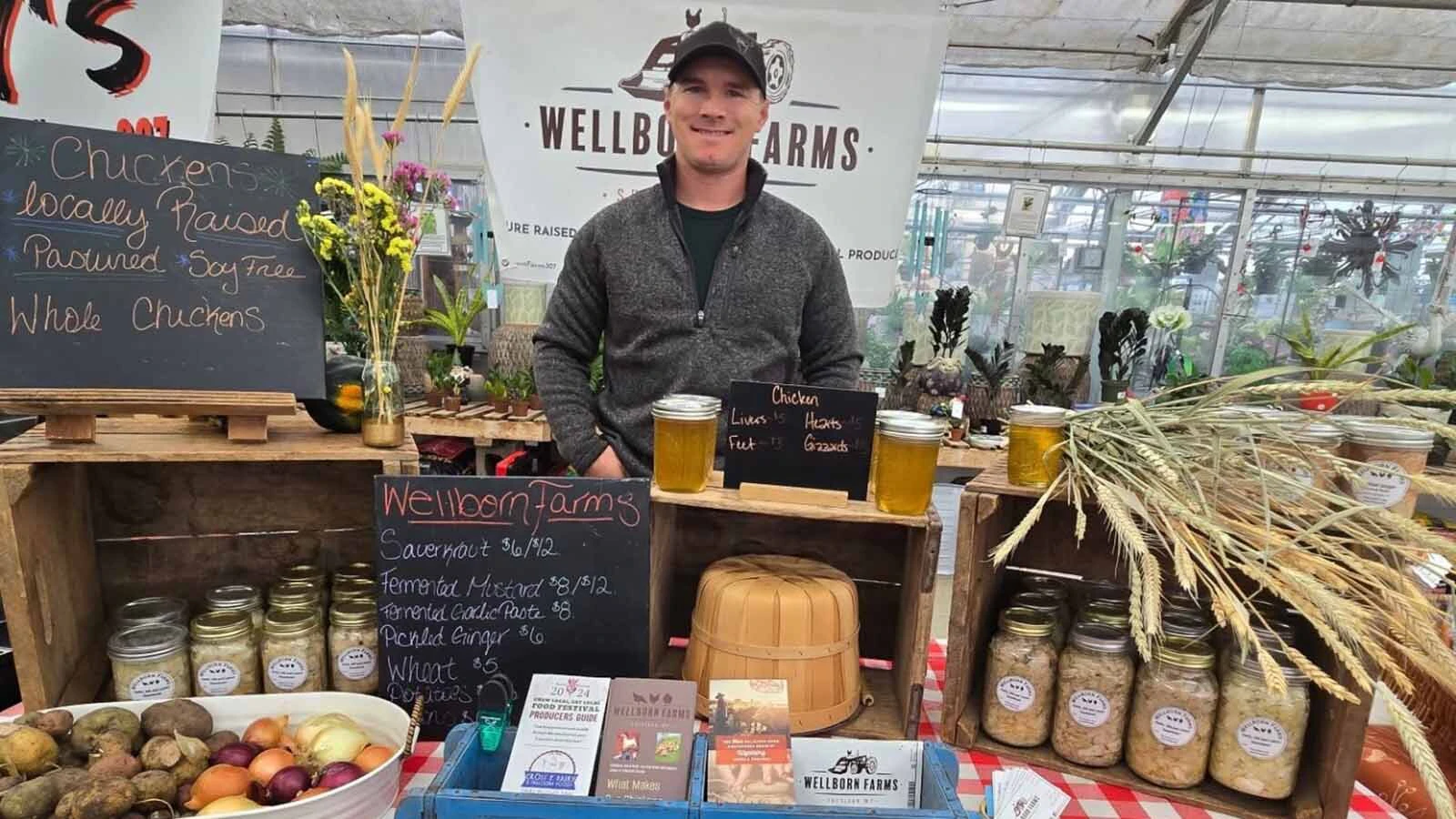 At Wellborn Farms in Sheridan, fermented foods like sauerkraut and kimchi make up about 70% of its business. Above, co-owner Allen Wellborn selling sauerkraut and other items at a farmers market.