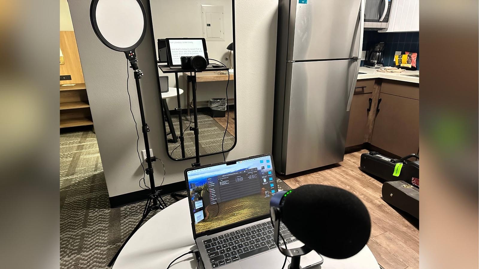 Wendy Corr's setup to do the Cowboy State Daily newscast when she's on the road as a traveling musician.