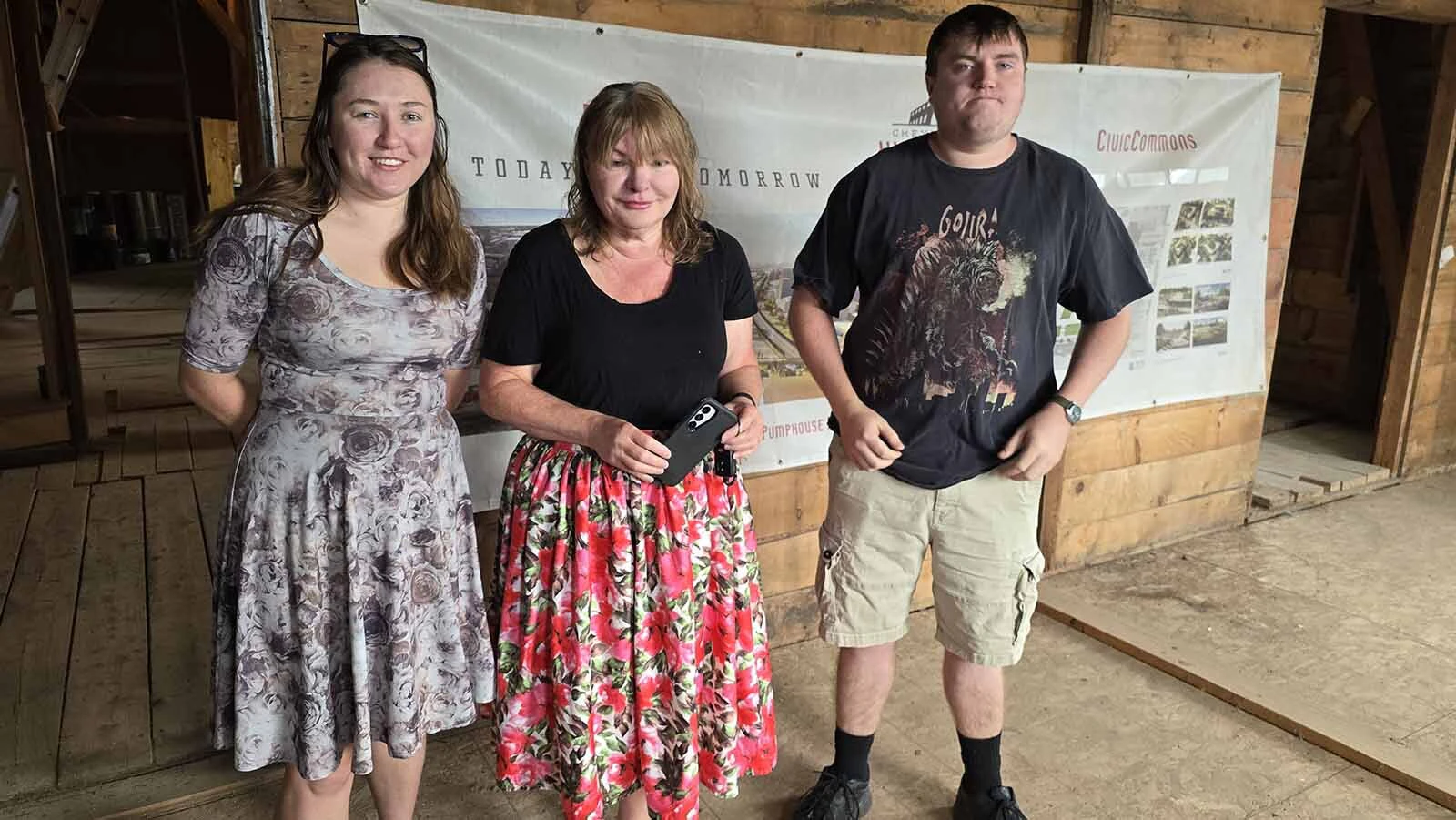From left, Molly, Sherrie, and Jason Lyle have bought the distressed Ful-O-Pep grain elevator corner on the west side of Cheyenne. Their plans include an antique store, bakery, and a jewelry store.