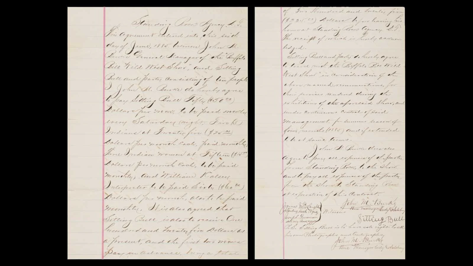 A document singed by Sitting Bull agreeing to appear in Buffalo Bill's Wild West Show.