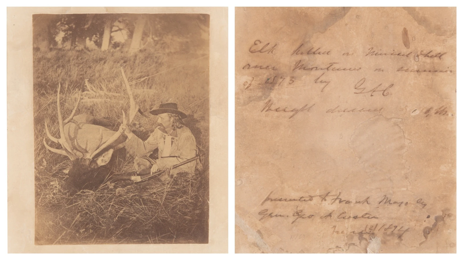 A signed photograph of George A. Custer with an elk he shot during his 1873 Yellowstone expedition.