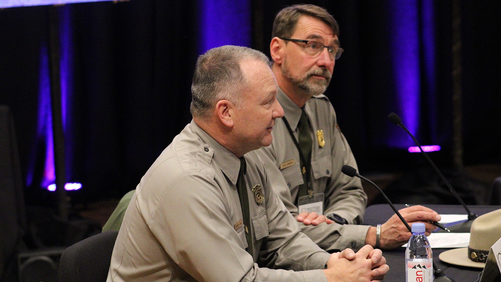 Yellowstone National Park Superintendent Cam Sholly, left, and Grand Teton National Park Superintendent Chip Jenkins talk with a panel of Western governors Tuesday in Jackson.