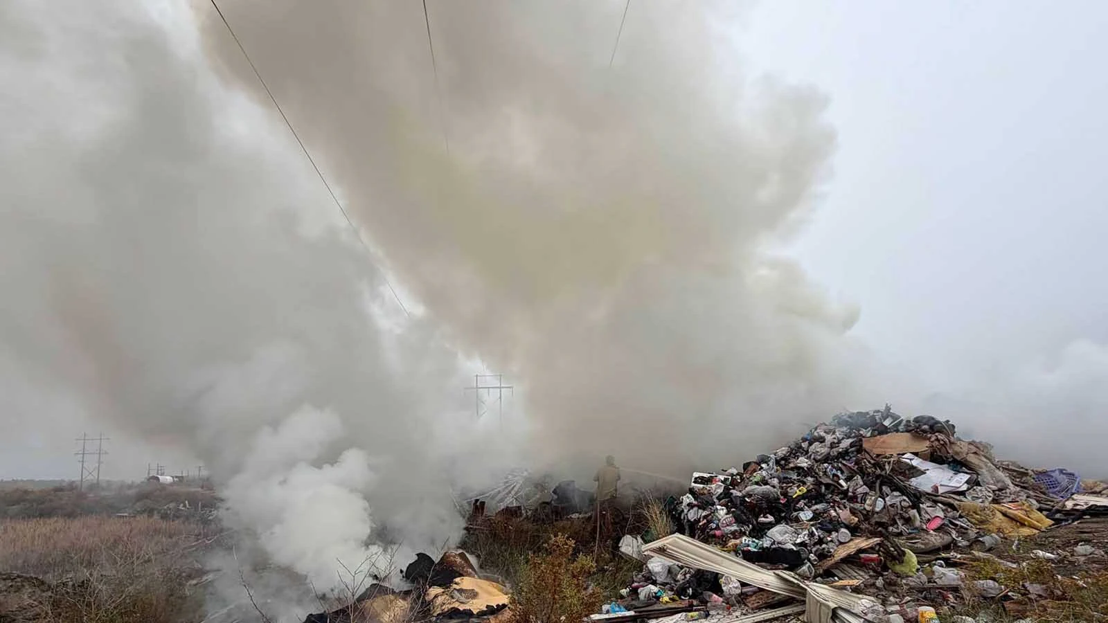 An illegal controlled burn in Weston County on Tuesday included a large pile of household trash, old construction materials and other junk. Three fire engines, two water tenders, a bulldozer and a command unit responded, along with a Weston County sheriff's deputy, a contracted mini excavator from Farnsworth Services and crews from Powder River Energy.