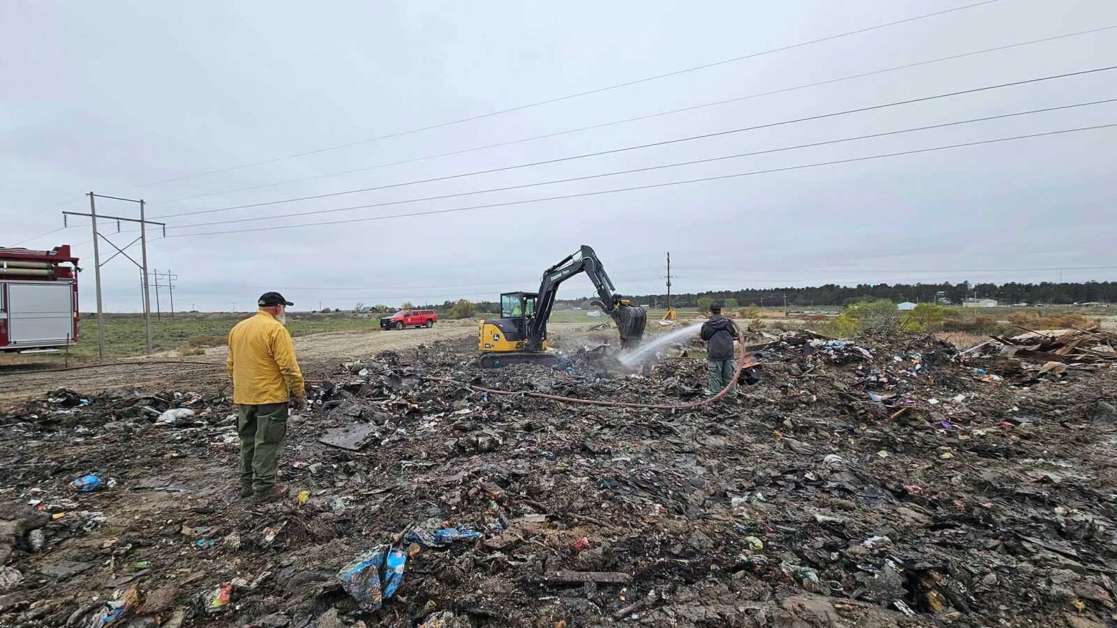 An illegal controlled burn in Weston County on Tuesday included a large pile of household trash, old construction materials and other junk. Three fire engines, two water tenders, a bulldozer and a command unit responded, along with a Weston County sheriff's deputy, a contracted mini excavator from Farnsworth Services and crews from Powder River Energy.