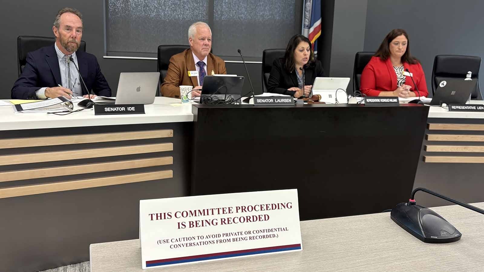 Sens. Bob Ide and Dan Laursen, and Reps. Rachel Rodriguez-Williams and Jayme Lien prepared for their subcommittee meeting on the Weston County Clerk’s botched 2024 election.