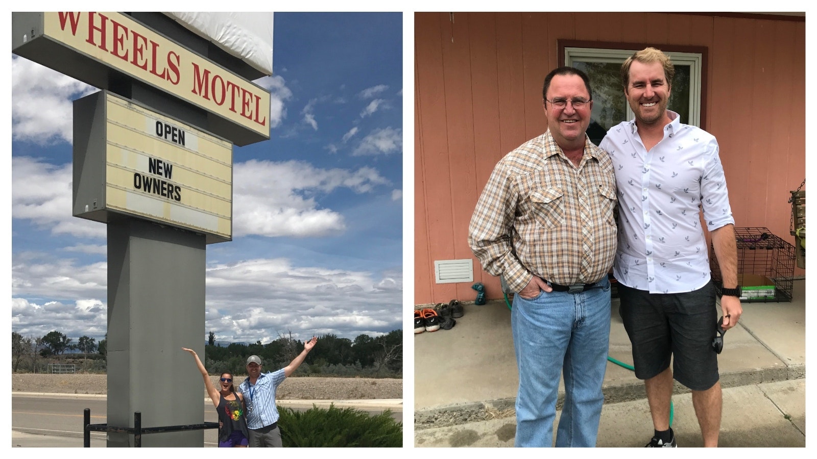 What the Wheels Motel sign looked like when Chris and Roxanne Harwood took it over. At right, Chris and his dad Jon, who ran the motel before Chris took over.