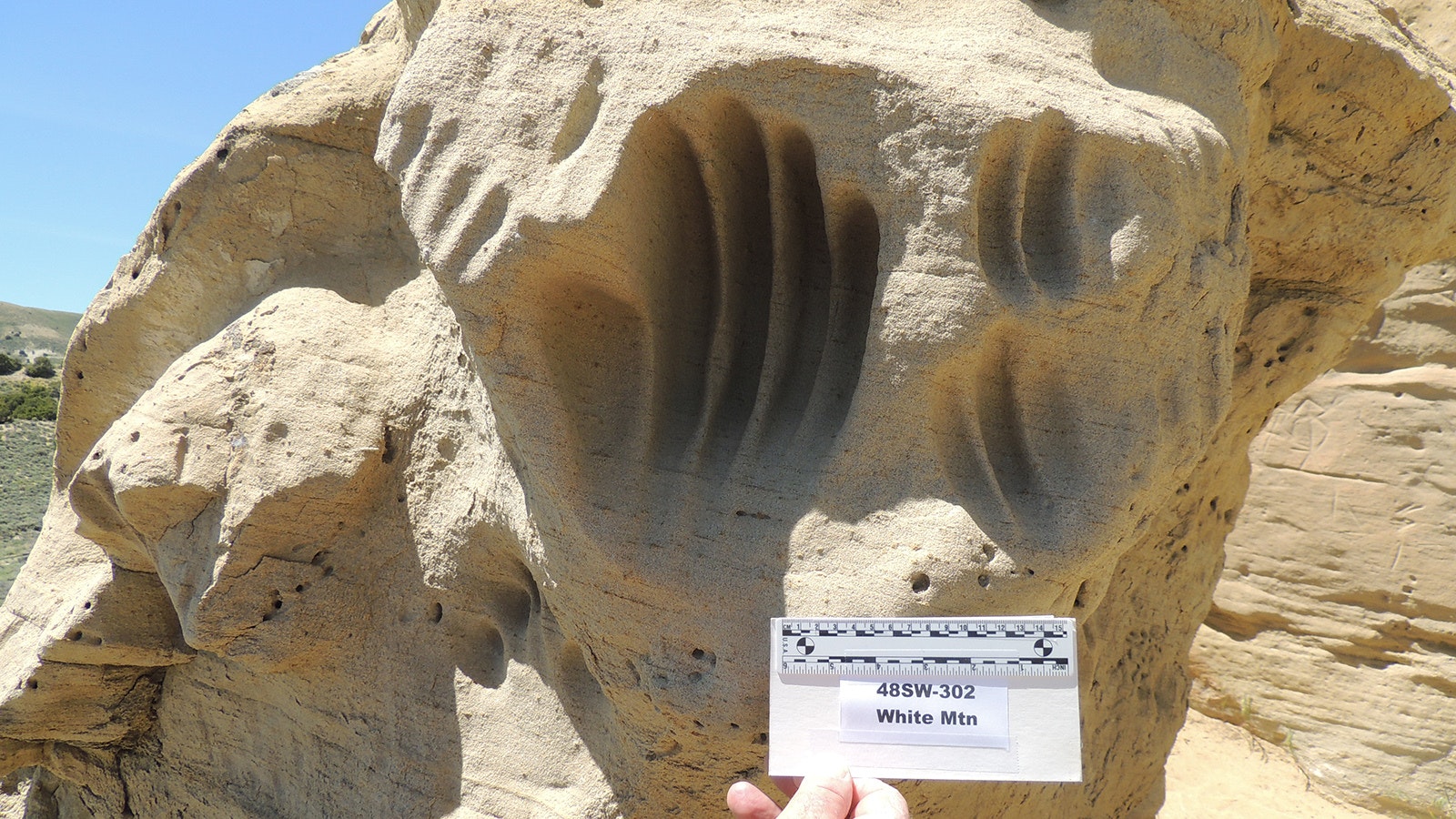 Jim Stewart holds an archaeological scale bar up to a series of hand impressions at the White Mountain Petroglyph Site, 28 miles north of Rock Springs.