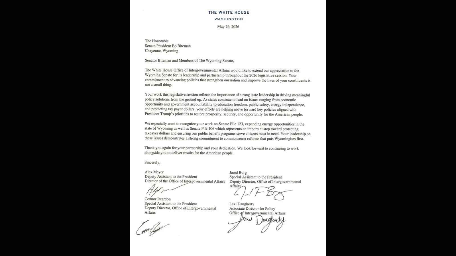 Biteman Touts Letter From White House Thanking Him, Senate For Their ...